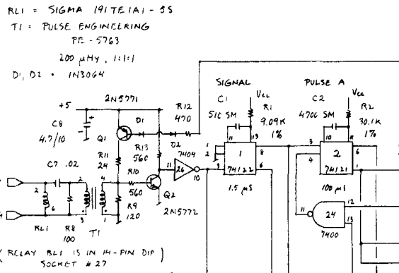 The "74122" IC in the middle is a well-known "one-shot" chip. It generates an output pulse at a very specific point of time.