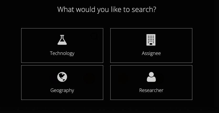 "What would you like to search?" - Technology, Assignee, Geography, Researcher.