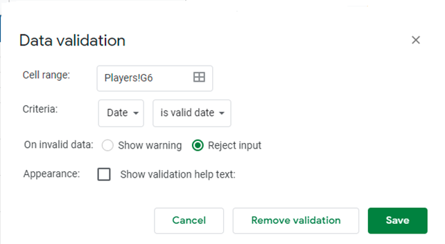 Data Validation function in google sheet
