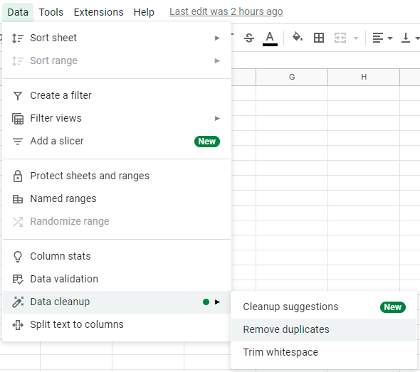 Remove Duplicates function in google sheet